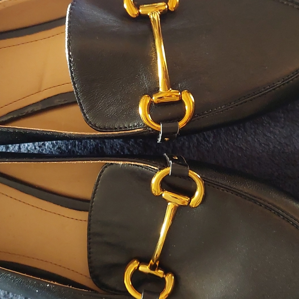 Black Leather Horsebit Loafers with Gold Hardware